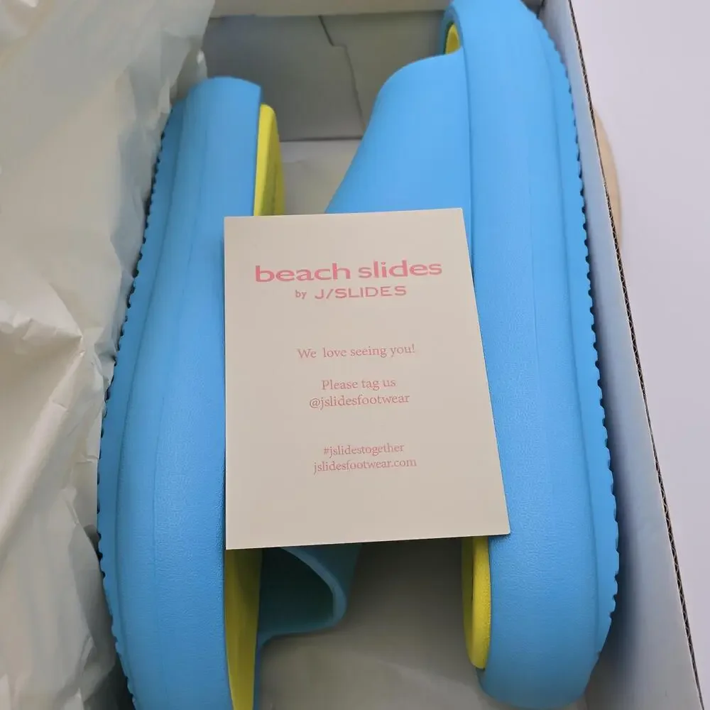 J/Slides Squish Beach Slide Sandals Mens Size 10 Blue Yellow Slip On Shoes New